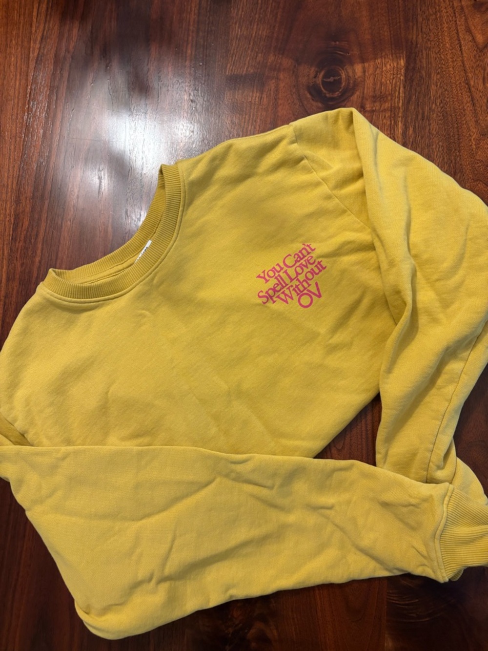 Mustard Crewneck Sweatshirt with Pink Chest Graphic